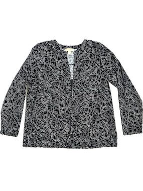 MICHAEL KORS Black Silver Chain Link Zip Front Blouse Top Long Sleeve Size XL
